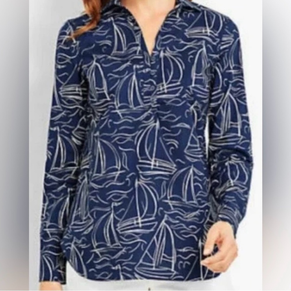 Talbots Dark Blue Abstract Print Blouse - Sailboats- XLP